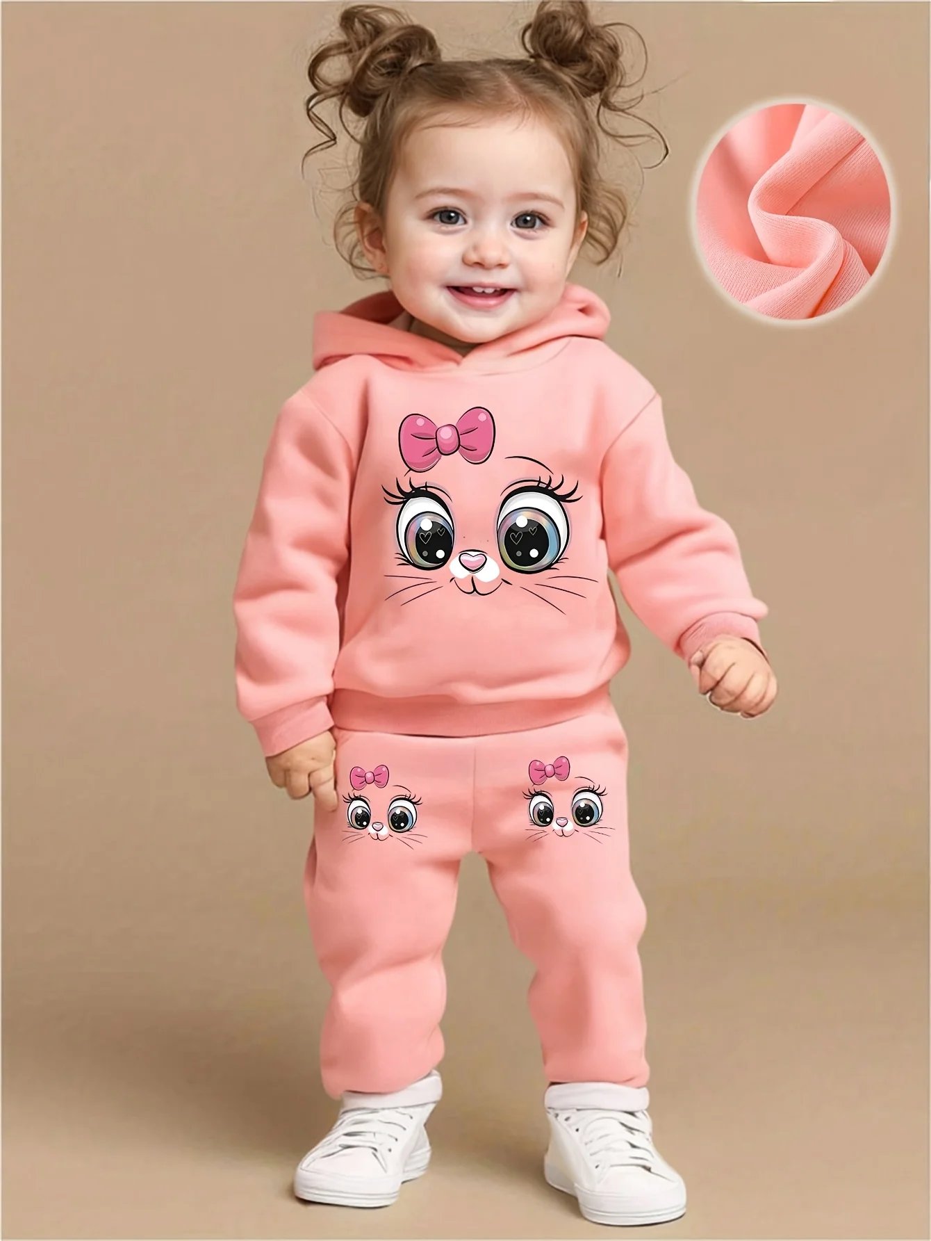 Sudadera con capucha de lana de manga larga con estampado de gato de dibujos animados para niña + conjunto de pantalones sencillos informales, se de dos piezas para primavera y otoño