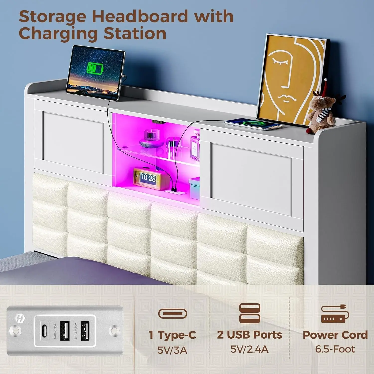 Bed Frame Twin Size with Charging Station, Bookcase Headboard Bed with LED Light and Sliding Doors, Platform Bed with