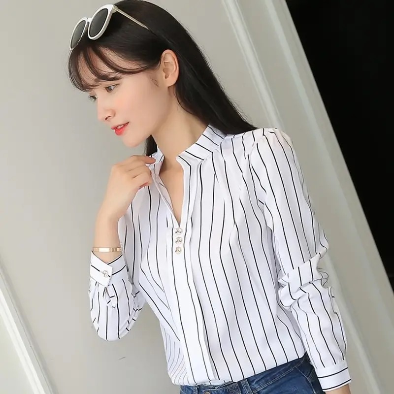 女性白トップスブラウスファッションストライププリントカジュアル長袖オフィスレディ OL シャツスリム Blusas DF4970