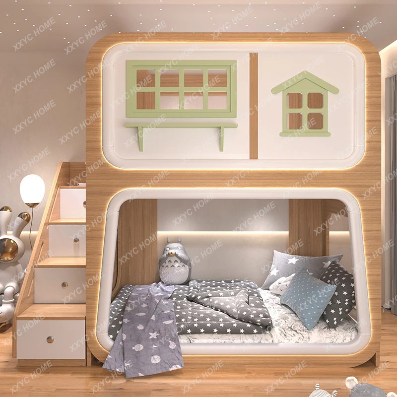 Bunk Bed 2024 New Upper and Lower Width Double Layer Wire-Wrap Board Space Bed Children's Fun Wood Grain Small Apartment