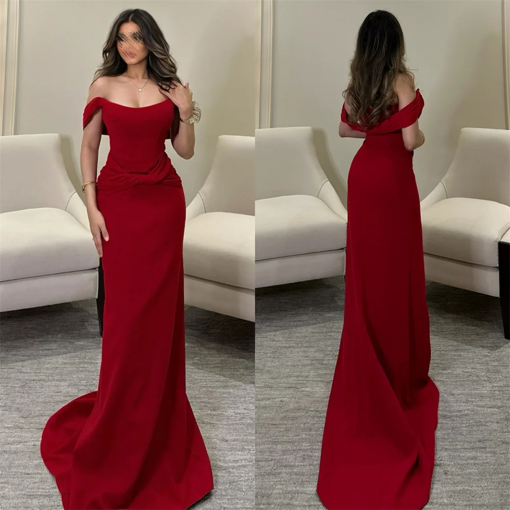 Tamanhos simples personalizados disponíveis jersey plissado ruched em linha reta fora do ombro vestidos longos sob medida vestidos de ocasião moda