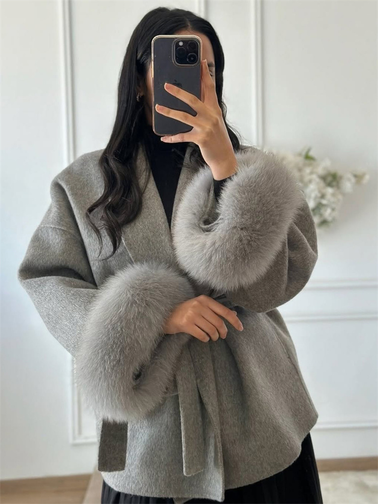 Tossy Fox Fur Wool Overcoat Damski krótki płaszcz biurowy Lady Elegancki dwustronny wełniany płaszcz 2025 Nowe kurtki kardiganowe luźne