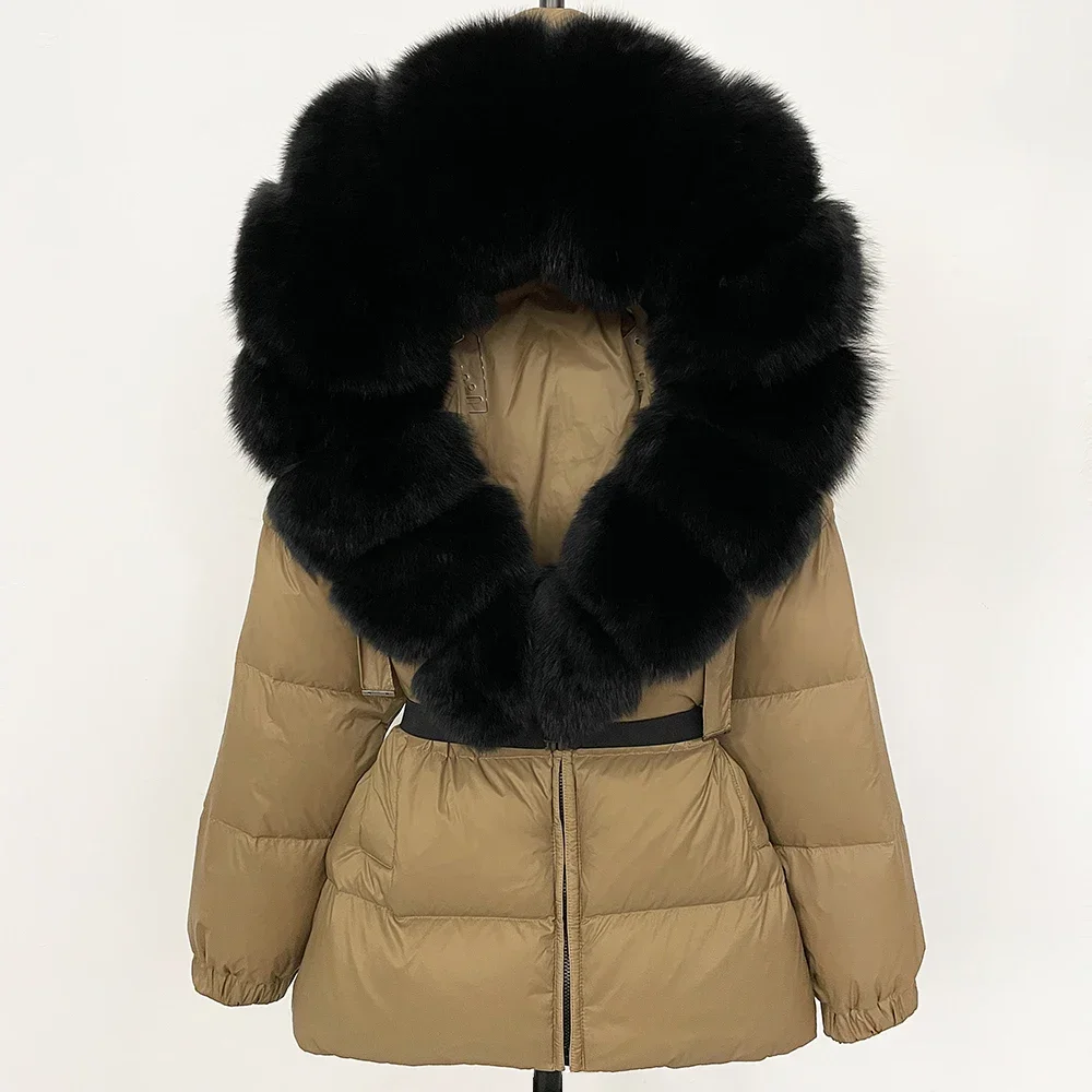 Oftbuy casaco de pele real roupas de inverno puffer jaqueta feminina pele de raposa com capuz quente 90% pato branco para baixo casaco feminino parkas à prova dwaterproof água