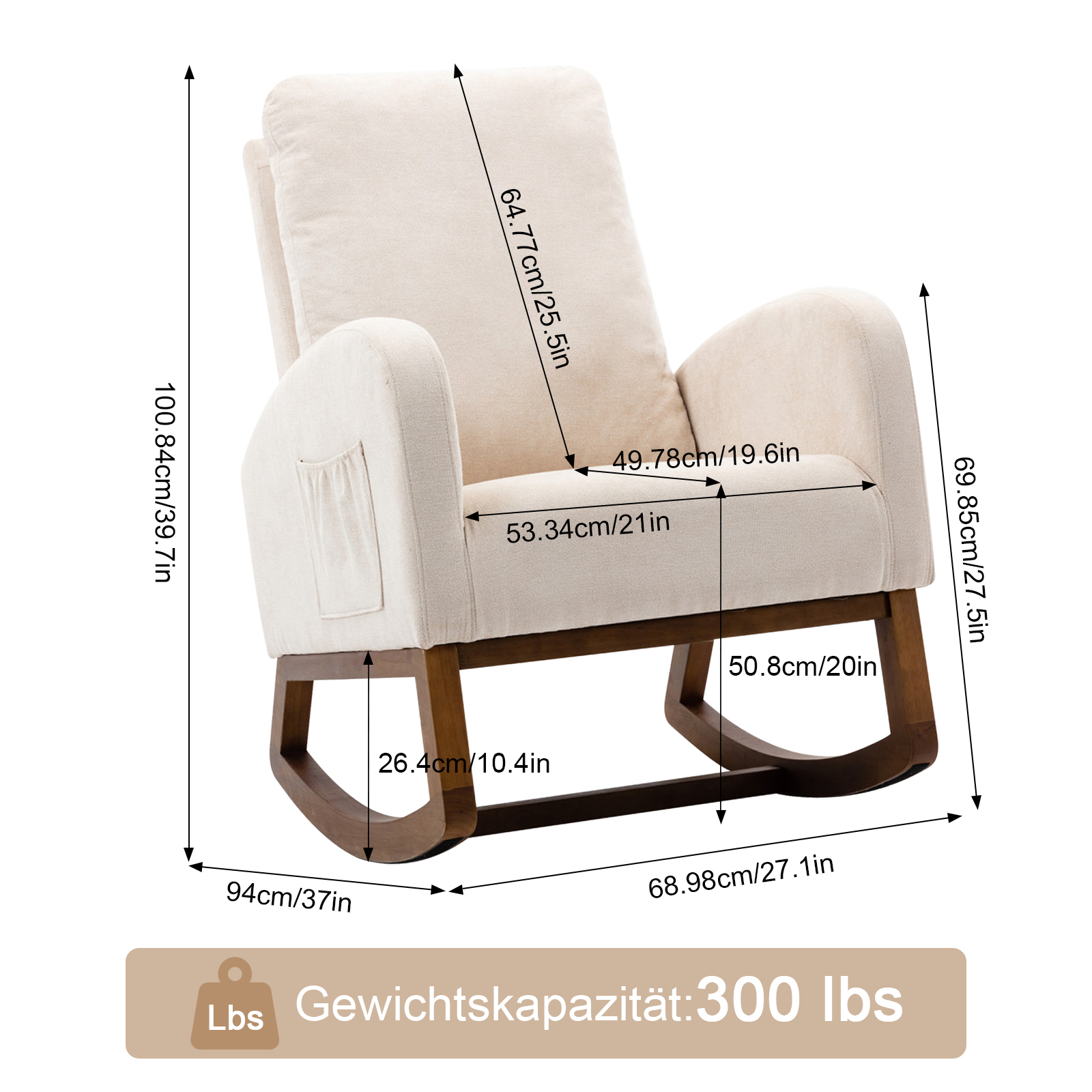 Cadeira de balanço estilo moderno, cadeira deslizante acolchoada alta, adequada para sala e quarto