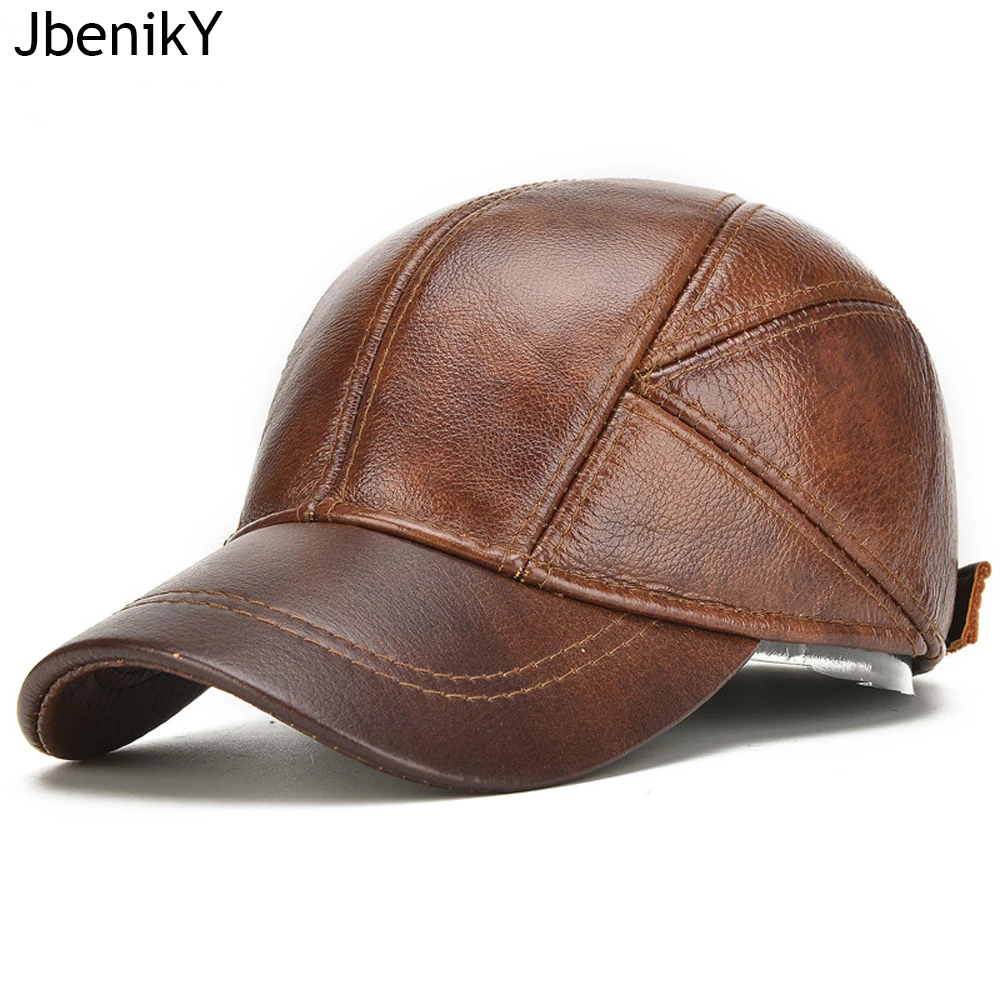 Gorra con orejeras de cuero auténtico informal de marca para hombre, gorras de cuero de vaca auténtico para hombre, gorras de béisbol de cuero de vaca auténtico para Otoño e Invierno