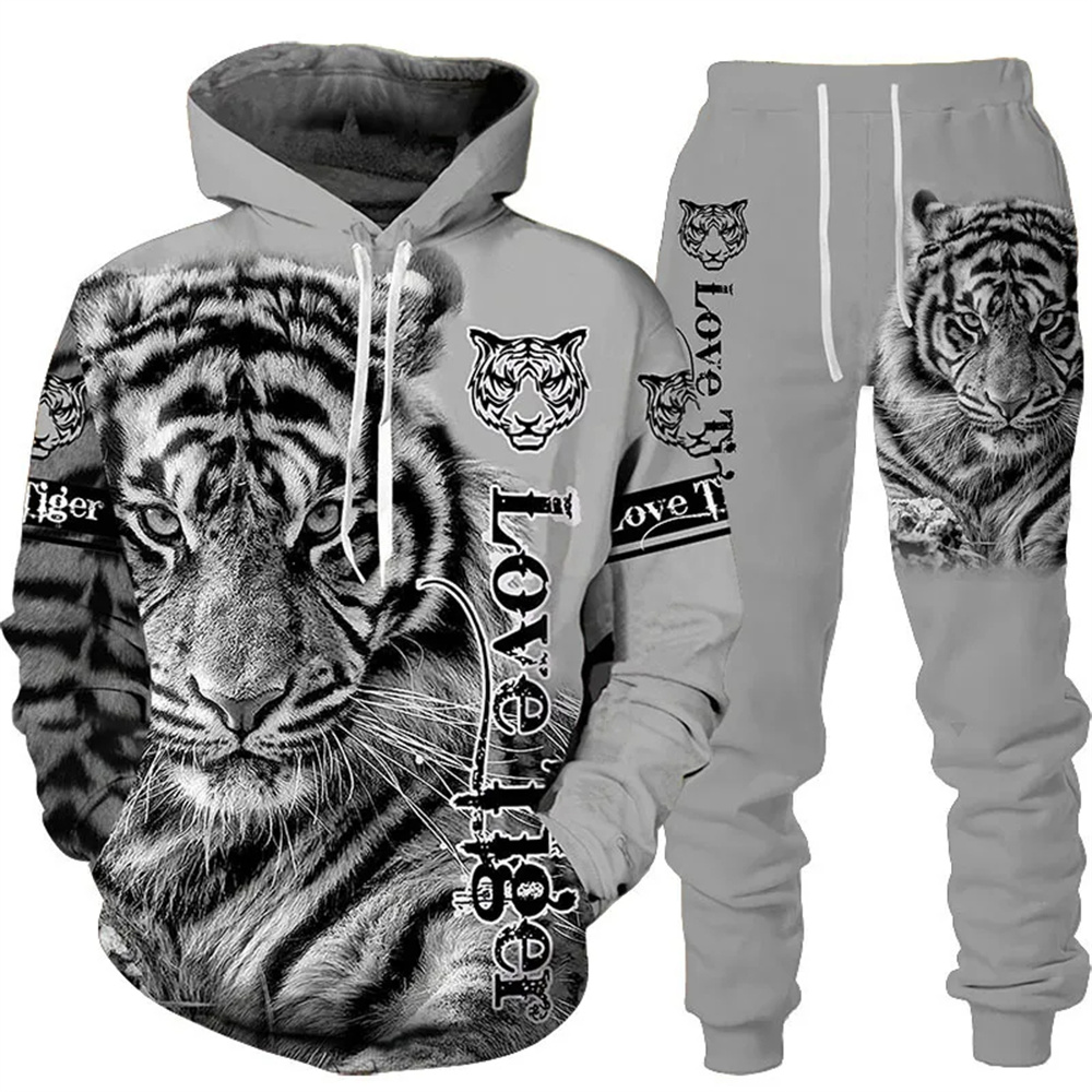 Trainingsanzug für Herren, Tier-3D-Tiger-bedruckt, Kapuzenpullover + Hosenanzug, 2-teilig, Sportbekleidung, Herren-Trainingsanzug-Set, Herrenbekleidung, Designer-Kleidung für Herren