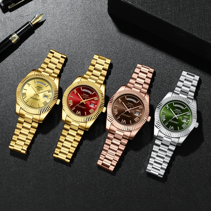 Marca NIBOSI, Reloj de cuarzo rojo dorado de lujo para Hombre, acero inoxidable, resistente al agua, luminoso, fecha, semana, relojes de moda para Hombre, Reloj para Hombre