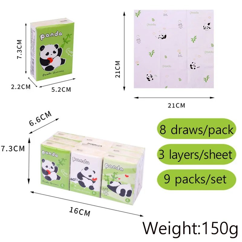 Fashion Panda Small Packet Tissue Facial Tissue Portable Printed Tissue Paper 9 Packs 1 Sheet With 3 Layers Virgin Wood Pulp
