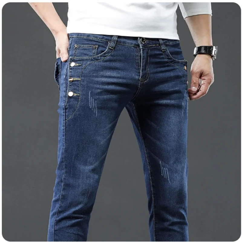 Pantalones vaqueros clásicos ajustados Vintage a la moda para hombre, pantalones elásticos de moda coreana con lavado gris y copo de nieve, pantalones vaqueros con múltiples botones