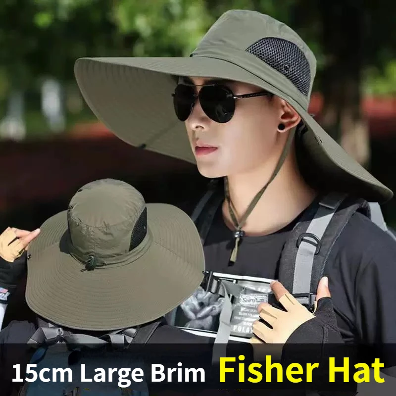 Gorra grande de poliéster de 15cm para el sol, protección UV, gorra de malla transpirable, sombrero de pescador plegable, pesca al aire libre, senderismo, gorras de playa