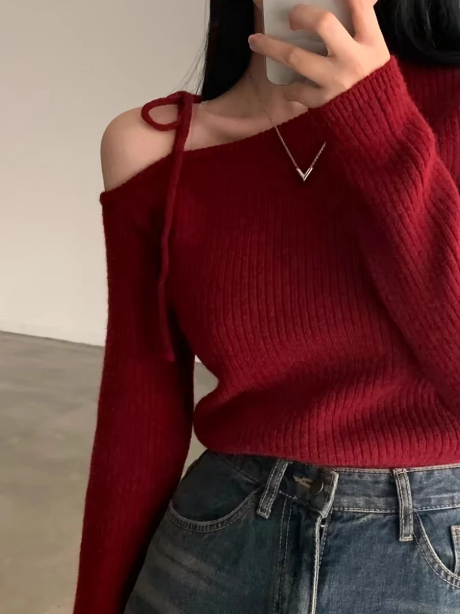 Plus Size Red Knitted Sweater Women's Base Layer Inner Design Sense Small ence Top Autumn Winter New Sle Bindiasha Commute Sle