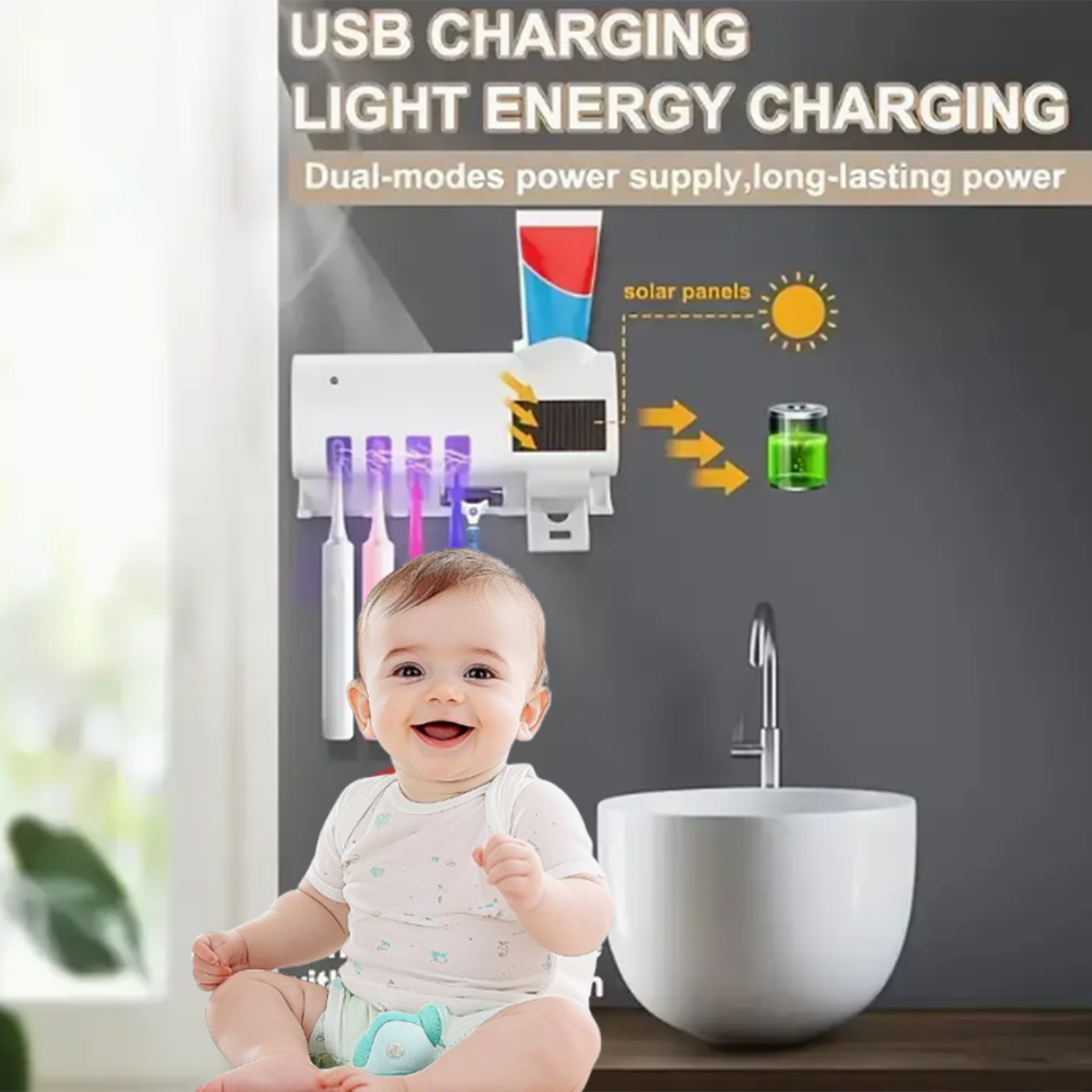 Zahnbürstenhalter vom Knopftyp, Zahnpastaspender, USB-Aufladung, intelligenter automatischer Zahnpastaspender zur Wandmontage im Badezimmer,