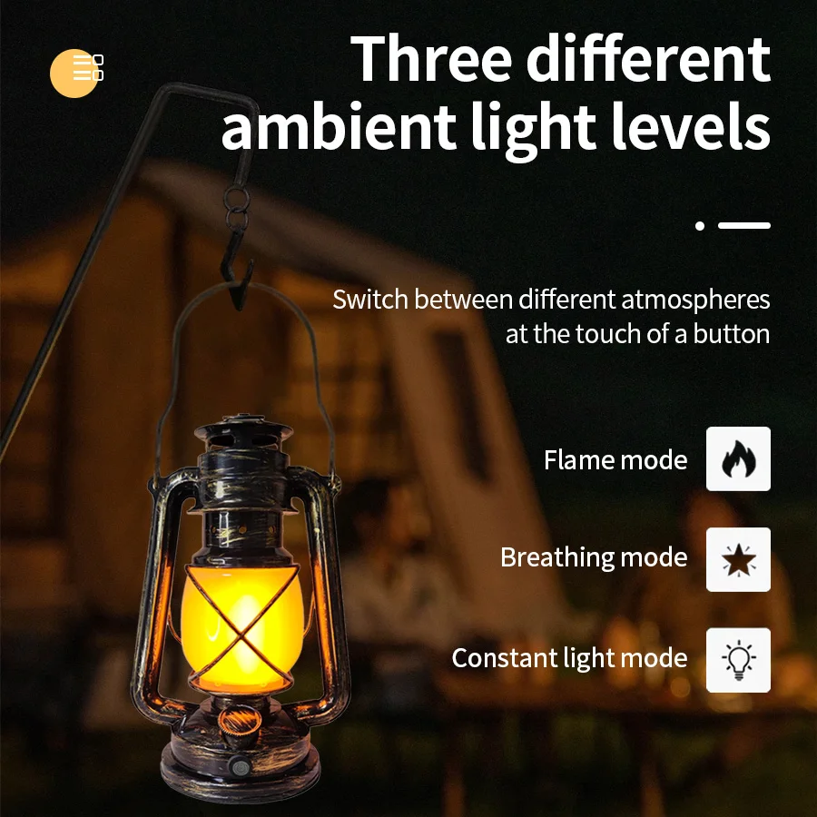 USB Rechargeable Retro LED Camping Light Hanging Tent Light Portable Horse Lantern Outdoor Kerosene 3 Lighting Modes Lighting