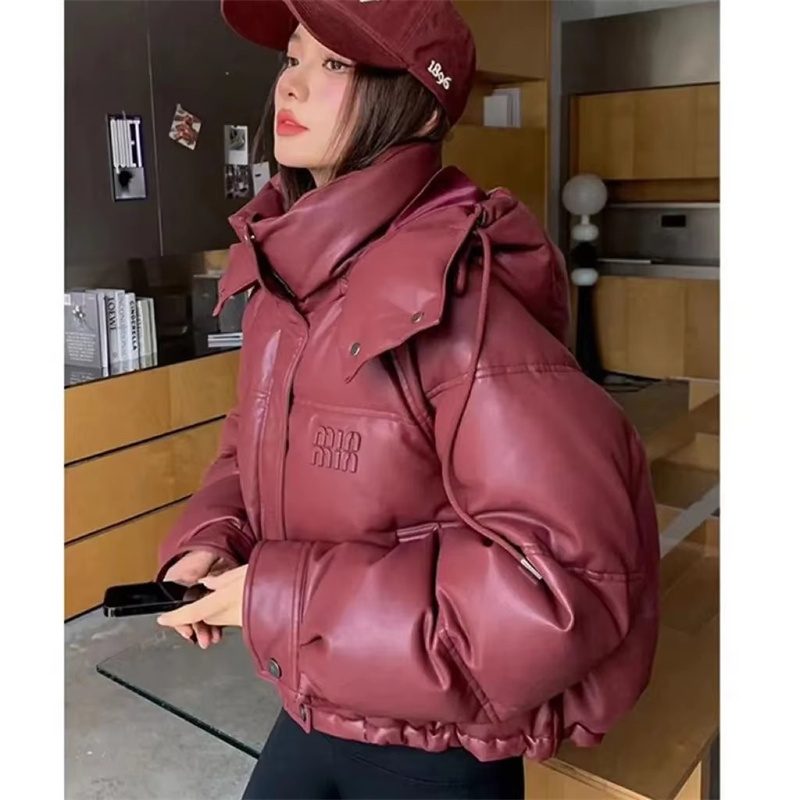2025, Dames Pu Skin Down Katoenen Jas Veelzijdige Capuchon Dame Winter Parka Jas Mode Student Dames Katoen Gewatteerde Bovenkleding