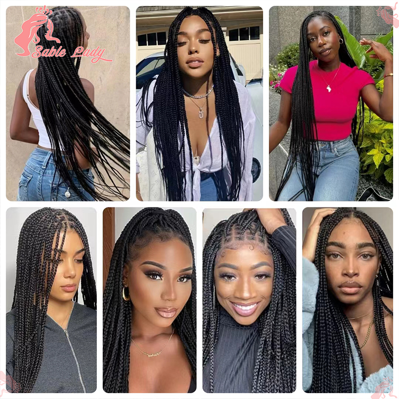 36 "合成結び目のないボックス編組ウィッグ黒人女性のためのコーンロウ三つ編みレースウィッグフルレース三つ編みヘアウィッグ黒編組髪