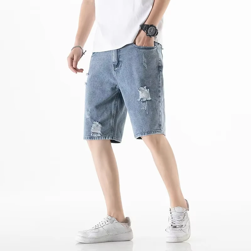 メンズデニムショートパンツ,ストレート,ルーズフィット,カジュアル,トレンディ,ホール付き,5ポイント,夏