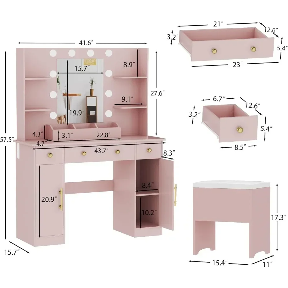 Dressing Table, Pink Dressing Table with Charging Station and Dressing Stool, 3 Drawers and Cabinet, White Makeup Mirror With