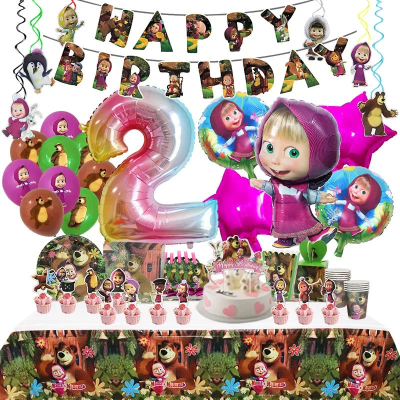 Mashas y oso decoración de fiesta de cumpleaños globos temáticos de dibujos animados suministros para eventos infantiles vajilla desechable telón de fondo
