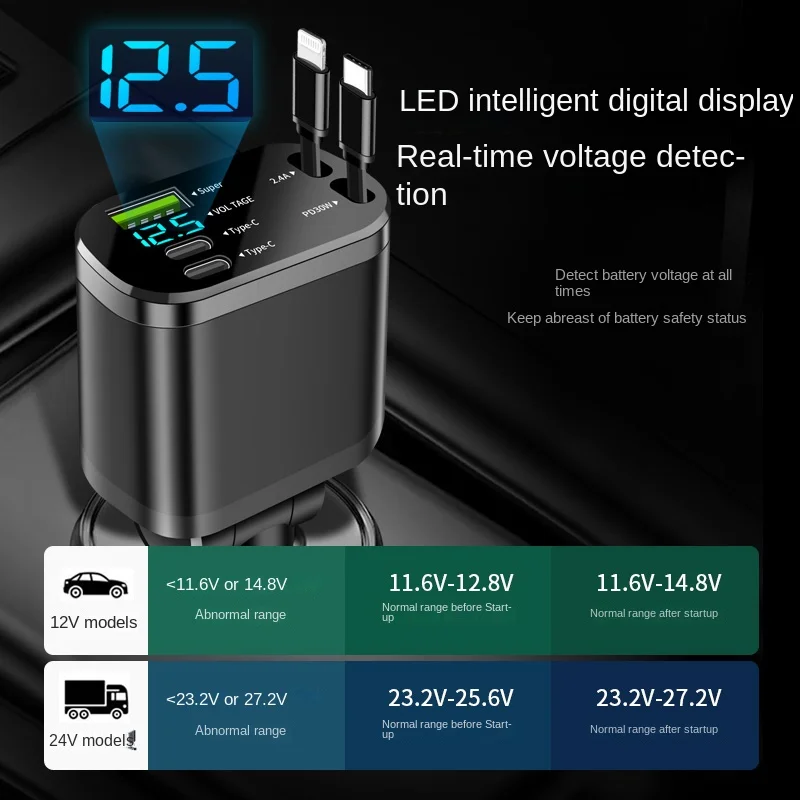 Autolader, autolader met intrekbare kabel, auto PD, auto snel opladen, supersnel opladen, flits opladen, vijf in één sigaret