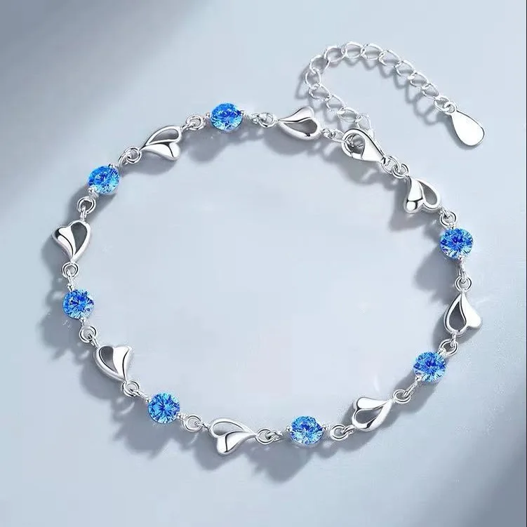 Conjunto de pulsera y collar con forma de corazón de Plata de Ley 925 para mujer, pulseras de cristal azul coreano Vintage, conjunto de joyería para fiesta