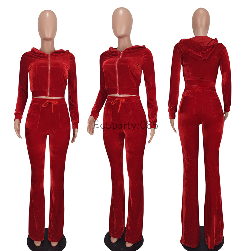 Conjunto de 2 peças de agasalho de veludo para mulheres, manga comprida, moletons com capuz e calças flare, terno de corredores com zíper, roupas monocromáticas, outono e inverno