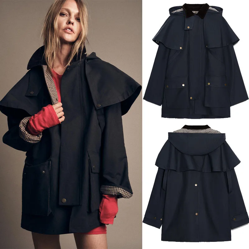 Chique outono feminino removível casaco com capuz solto jaquetas longas bolsos zíper outwear 2025 novo feminino casual à prova dwaterproof água streetwear