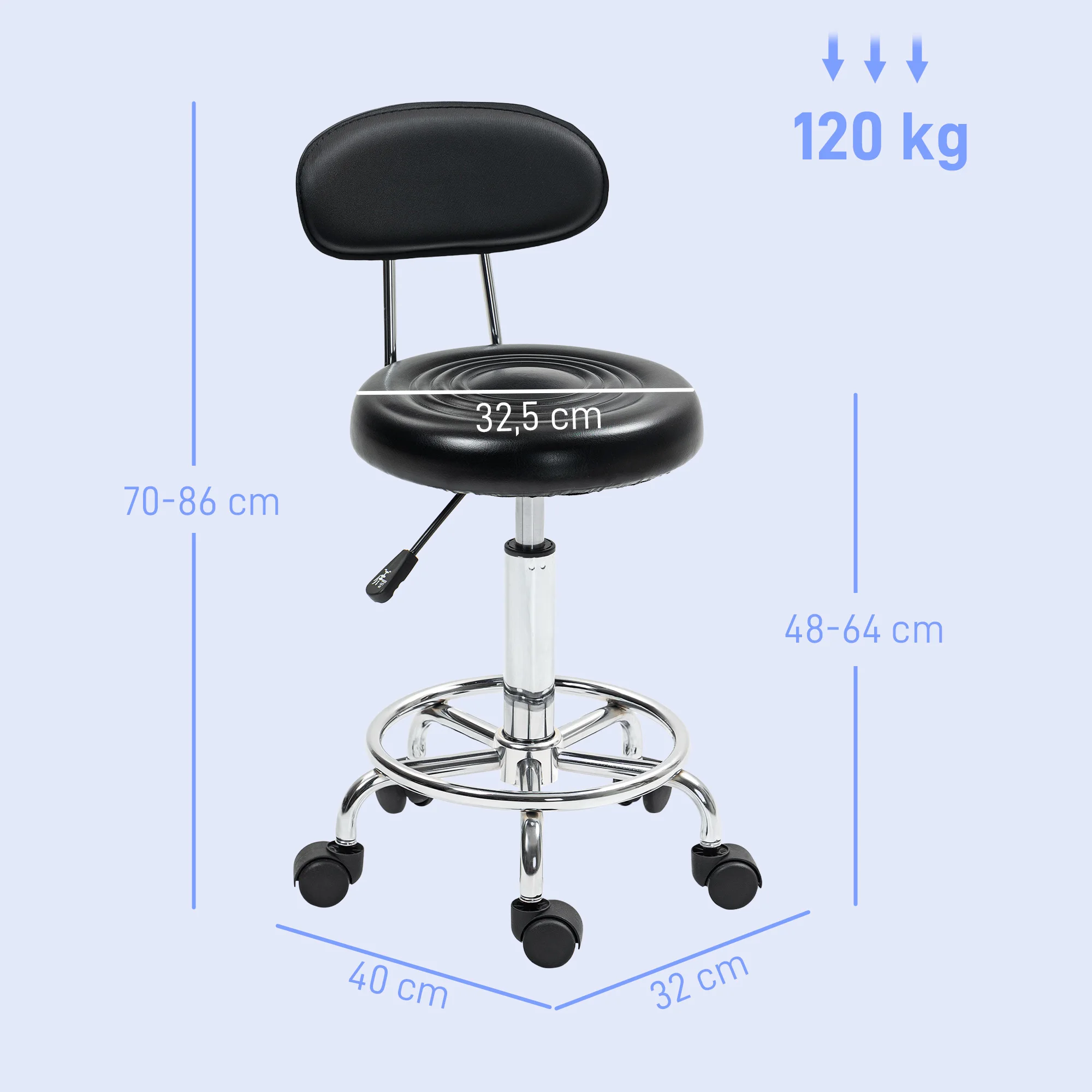 Sgabello con ruote e schienale regolabile in altezza 70-86 cm Nero