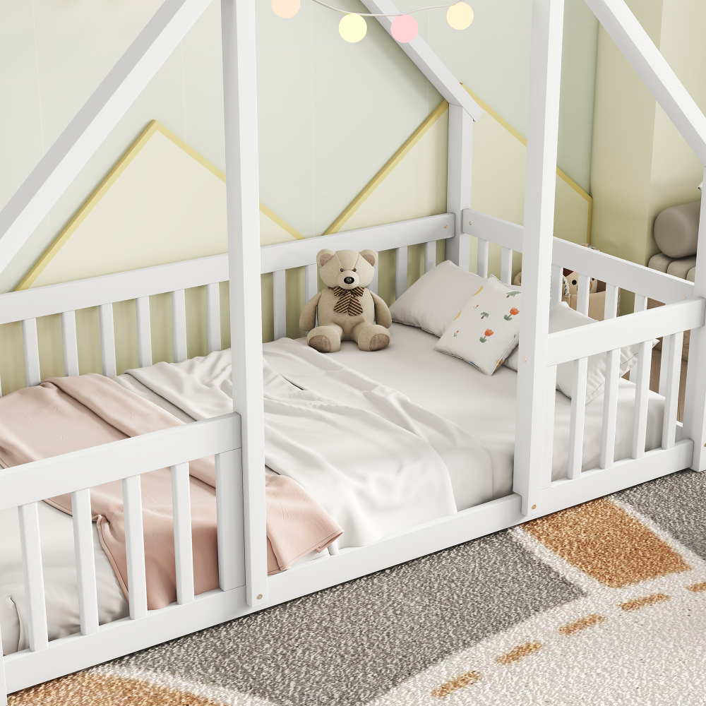 Twin Wood House-Shaped Floor Bed with Fence, Guardrails White Kids Teens Adults Space-Saving Design Full-Length