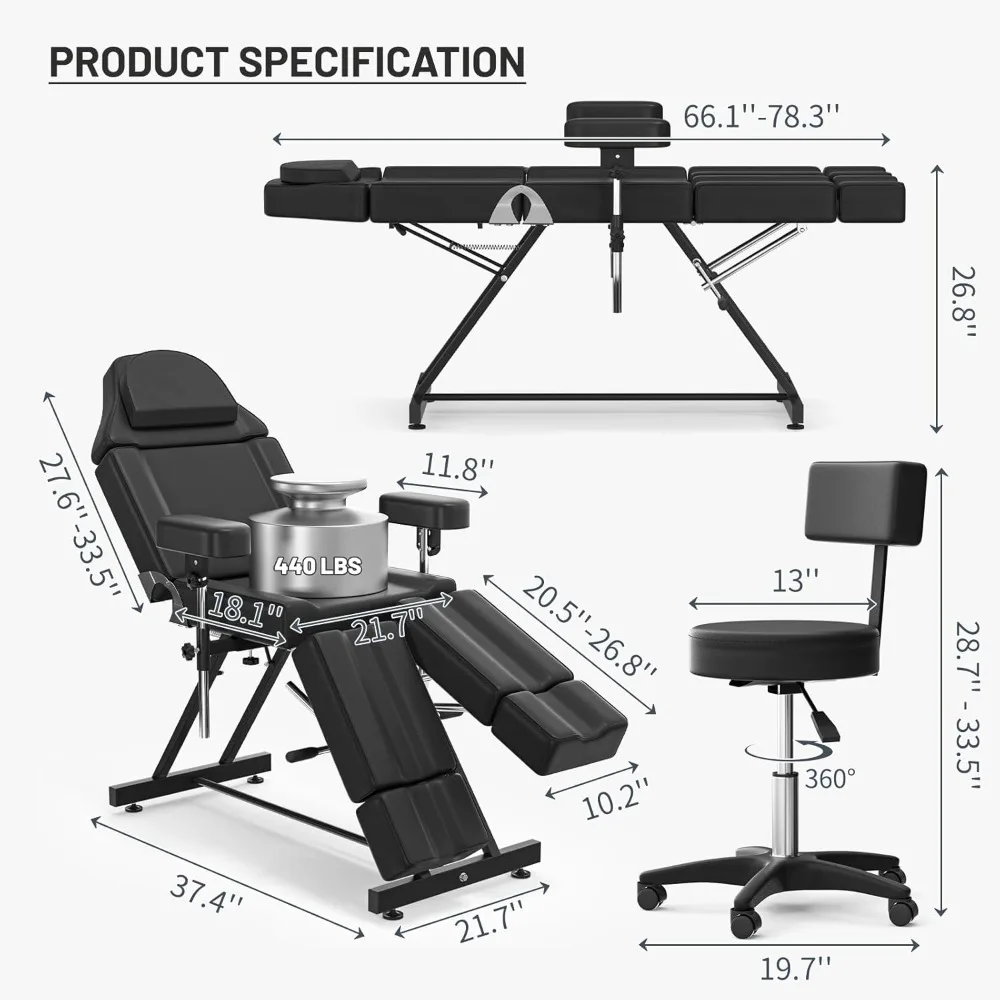 Tattoo Chairs for Client Facial Bed Adjustable Esthetician Bed Professional Multi-use Massage Table Spa Chairs Hold Up to 440lbs