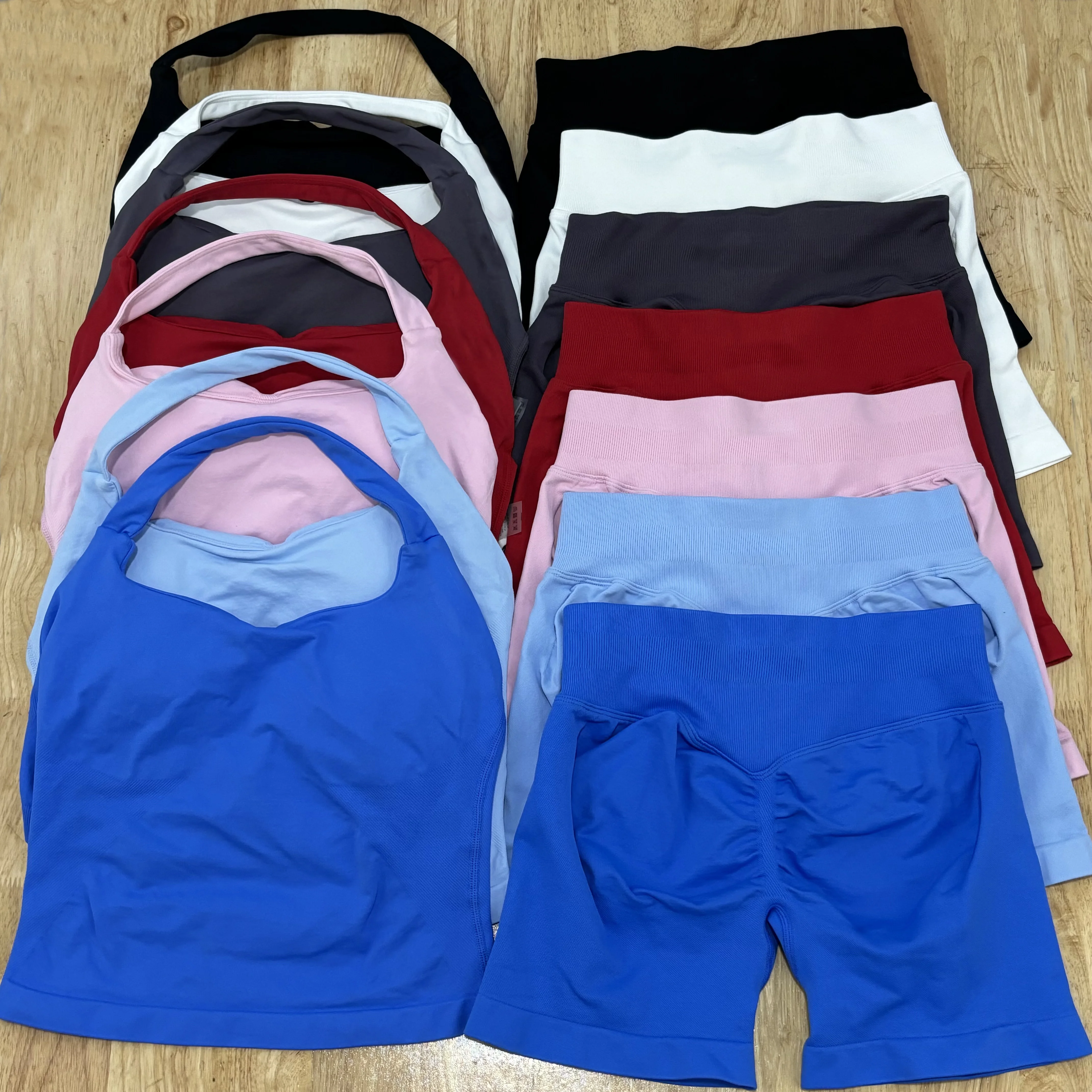 2pcs 충격 체육관 세트 여성 등받이 탱크 탑 높은 허리 Scrunch 원활한 반바지 피트니스 의류 Activewear 운동 세트 체육관 양복