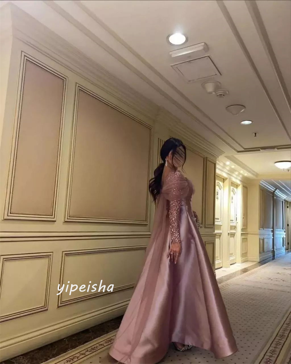 Personalizado brilho requintado clássico estilo moderno formal noite o pescoço até o chão vestido de baile miçangas tule vestidos de cetim