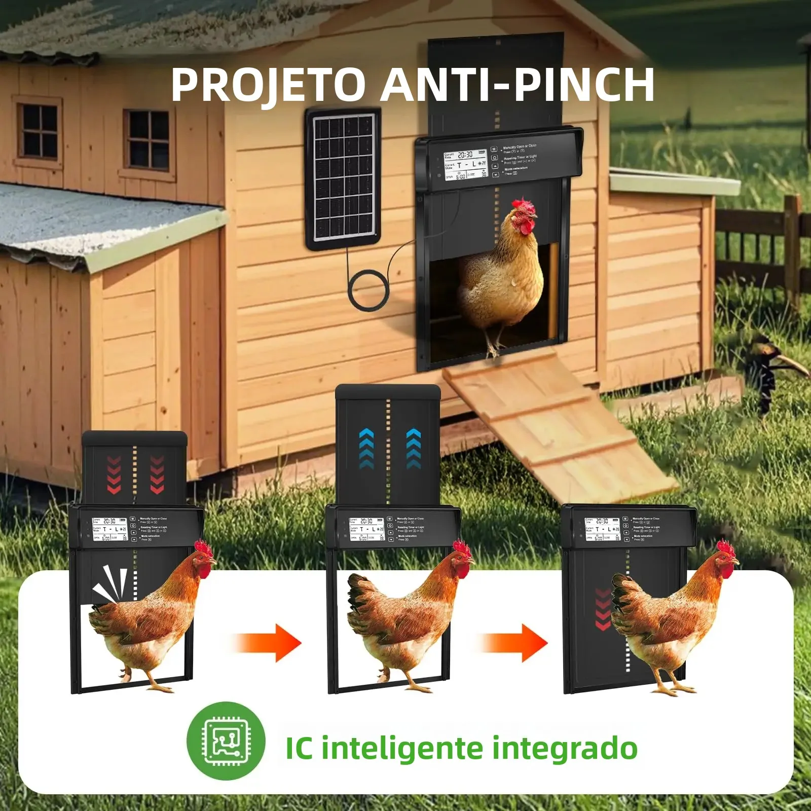 Porta automática de galinheiro movida a energia solar com display LCD, porta automática de galinha com temporizador e sensor de luz - Controle remoto