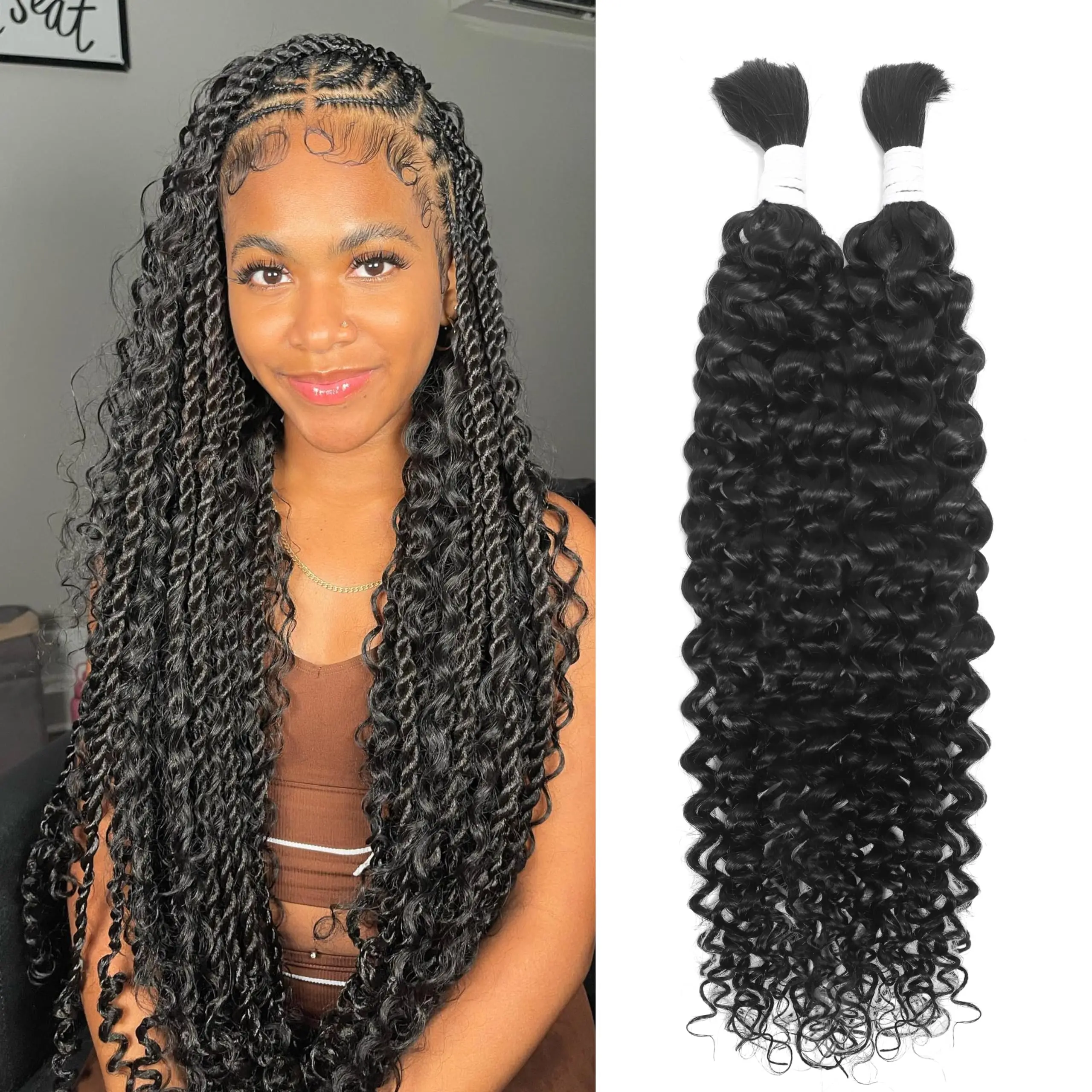 การถักเปียผมเป็นกลุ่ม Water Wave กลุ่มผมมนุษย์ 18 นิ้ว Boho braids สําหรับกล่องไม่มีปมหรือคลื่นหลวมหยิก