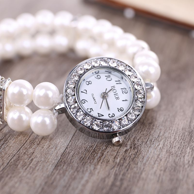 Mulheres pulseira de pérolas frisadas, relógios de pulso casuais, relógio de moda, relógio de pulso quartzo, relógios joias, pulseira