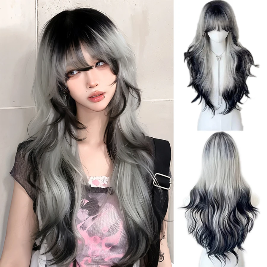 Lange Körperwelle Schwarz und Grau Ombre Cosplay Perücken Hitzebeständige synthetische Perücken Pony Natürliche Lolita Perücken für Frauen Halloween