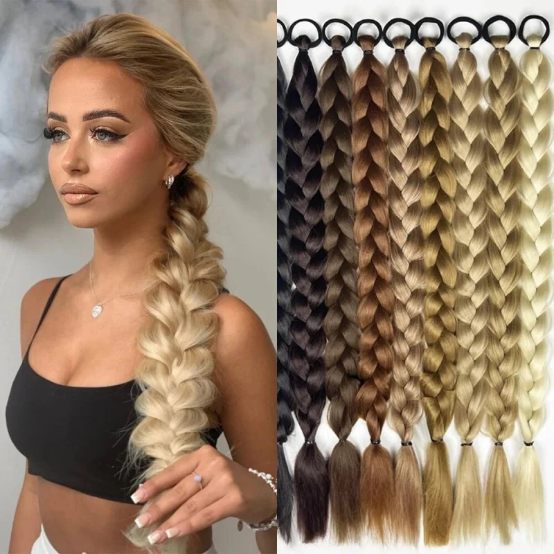 Estensioni dei capelli a coda di cavallo intrecciate lunghe sintetiche da 24 pollici per donne con accessori per capelli con fascia elastica
