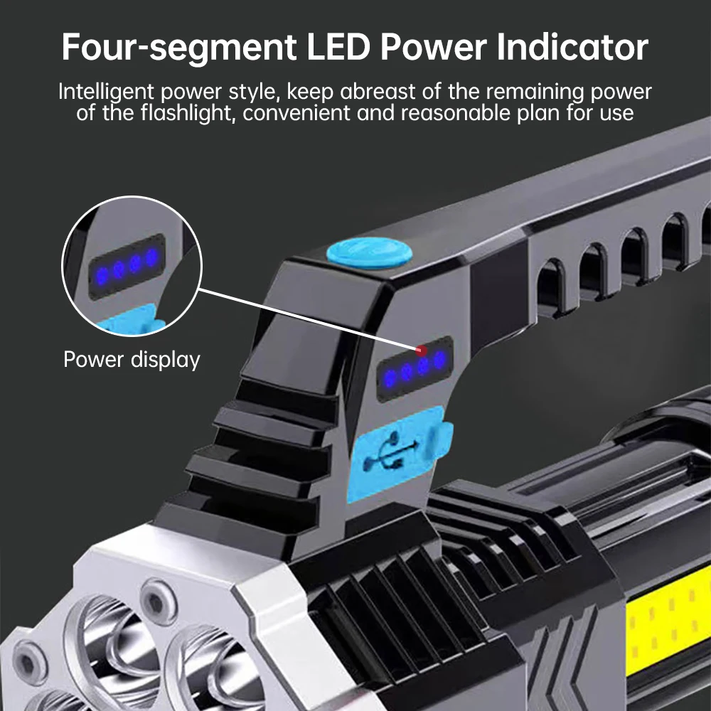 Linterna LED de alta potencia, potente linterna recargable por USB, lámpara portátil de mano para exteriores, batería integrada COB, 7 linternas LED