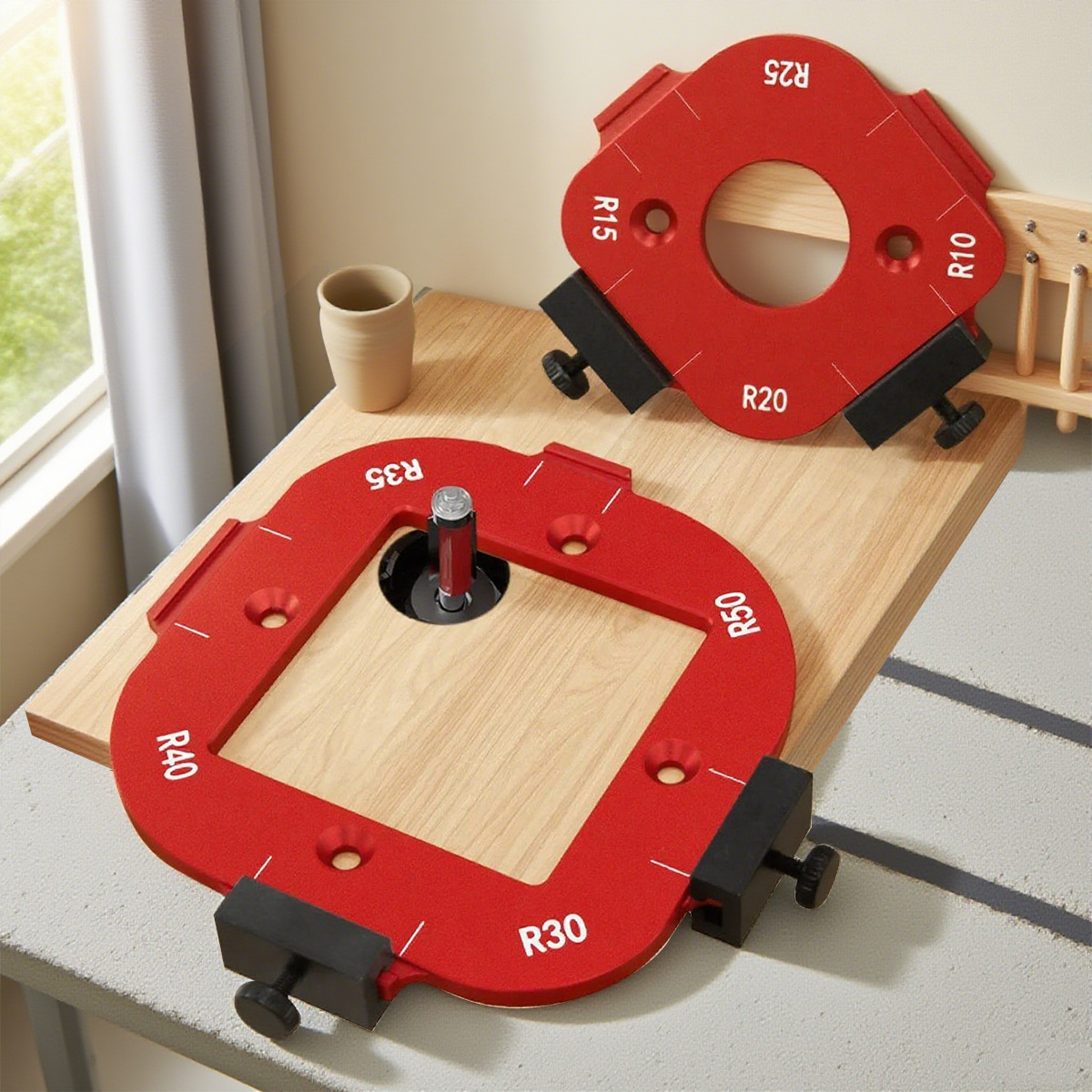 Aluminum Round Corner Radius Template Set - Router Table Jig for Woodworking, Arc Cutting Aid with Removable Clip, Sizes R10-R50
