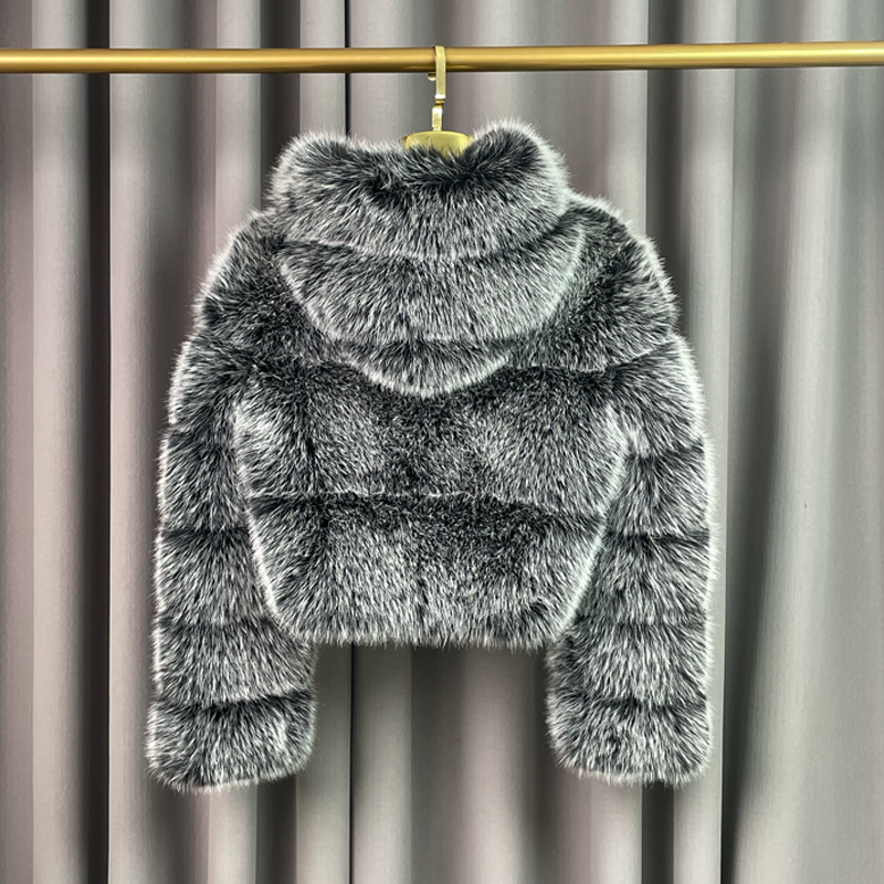 Зимняя теплая женская куртка из искусственного лисьего меха, короткая модная шуба с капюшоном из искусственного лисьего меха, женская укороченная шуба высокого качества, черная