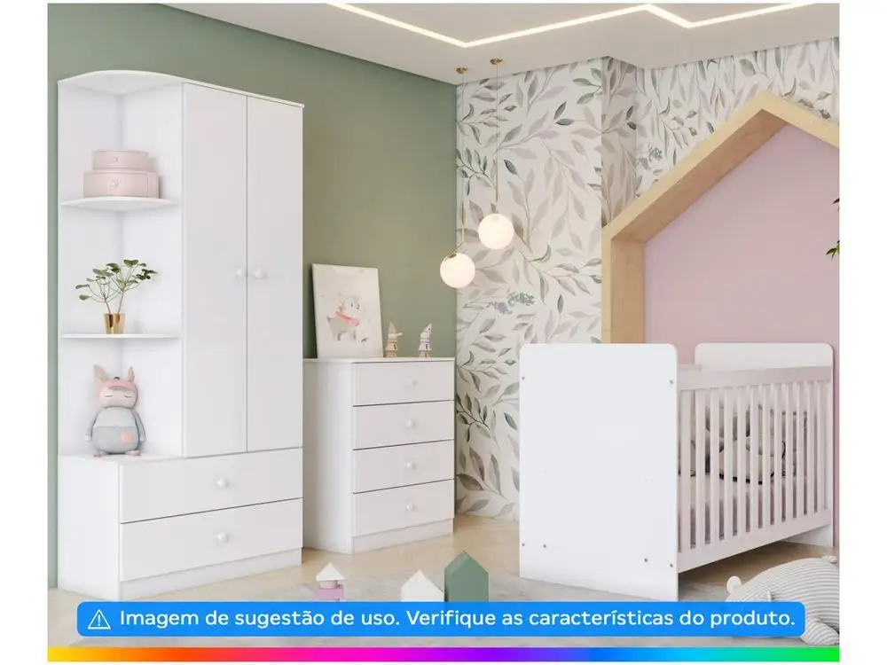 Quarto de Bebê Completo com Guarda-roupa Berço e Cômoda Henn Labirinto Branco