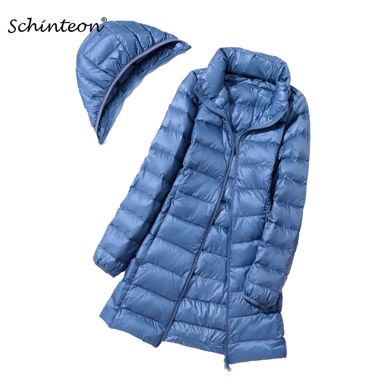 Schinteon M-7XL Damen Daunenjacke, ultraleicht, weiße Entendaunen, langer Mantel mit abnehmbarer Kapuze, dünn, schlank, Frühling und Herbst, Neu