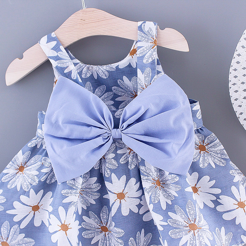Zomer nieuwe meisje mode jurk kleine chrysant hangende riem grote boog prinses jurk feestjurk 0-3 jaar oud