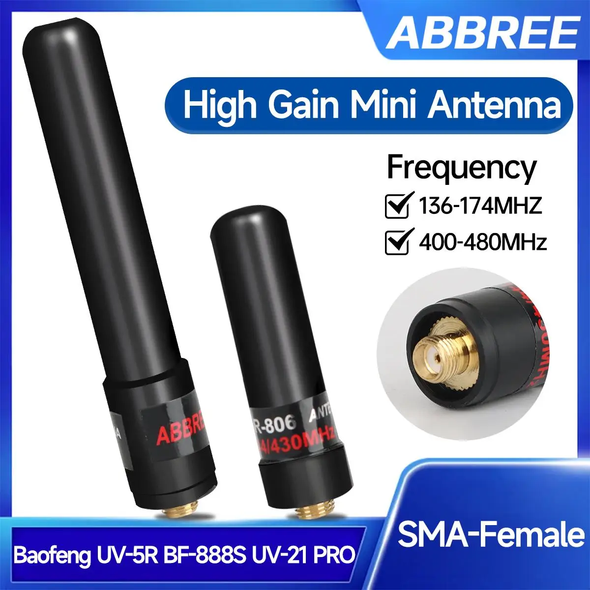 ABBREE AR-806+ SMA-Buchse Mini-Antenne VHF UHF Dual Band High Gain für Baofeng UV-21 PRO UV-5R Quansheng UV-K5 8 Tow Way Radio