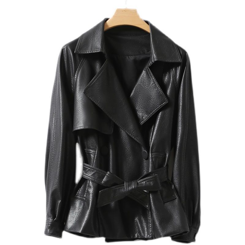 Jaqueta de couro genuíno elegante para mulheres, versão solta com cintura amarrada, preto e marrom, estética casual elegante, primavera e outono