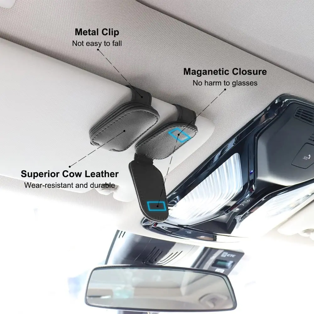 Universal รถแว่นตากันแดดผู้ถือรถแม่เหล็กหนังคลิปผู้ถือบัตร Auto Sun Visor แว่นตากล่องอุปกรณ์ตกแต่ง