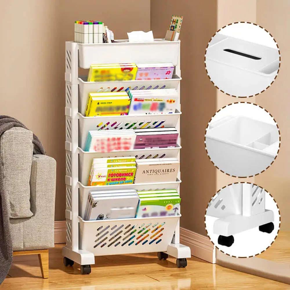 Floor Mounted Movable Bookshelf with Wheels Classroom Desk Storage Rack Study Large Capacity Multi-layer Book Storage Rack