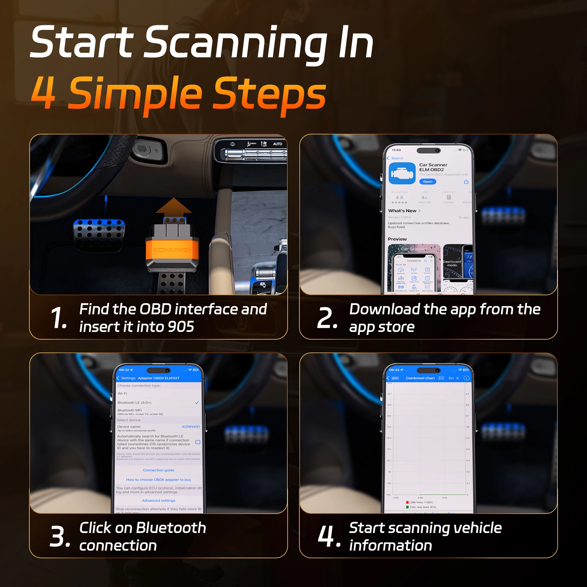 KONNWEI KW906 ELM327 V1.5 OBD2 Scanners de falhas de carro Bluetooth 5.0 Ferramenta de diagnóstico OBDII para leitor de código Android/IOS