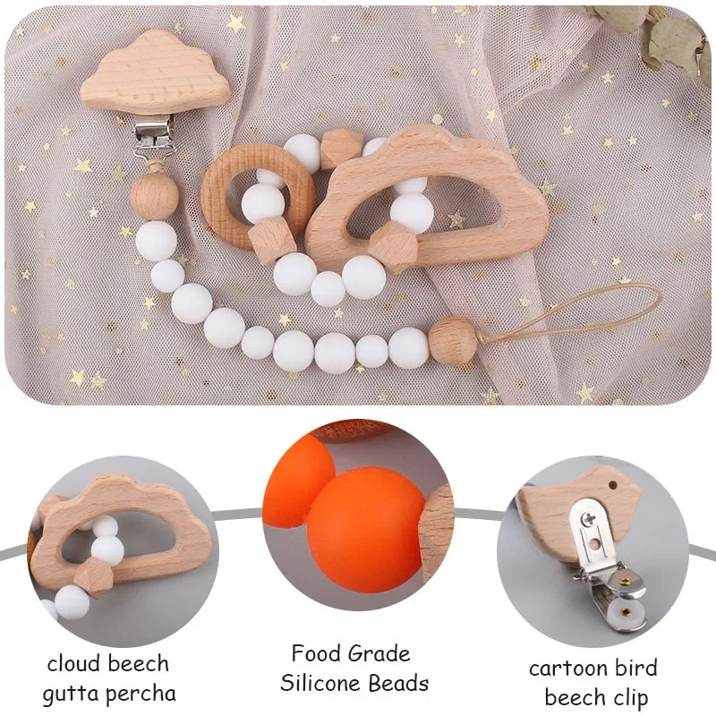 1-2 Chiếc Cho Em Bé Kẹp Gỗ Teethers Vòng Tay Hoạt Hình Ngôi Sao Cloud Mèo Viền Silicone Bé Mọc Răng Đồ Chơi chống Mất Dây Chuyền