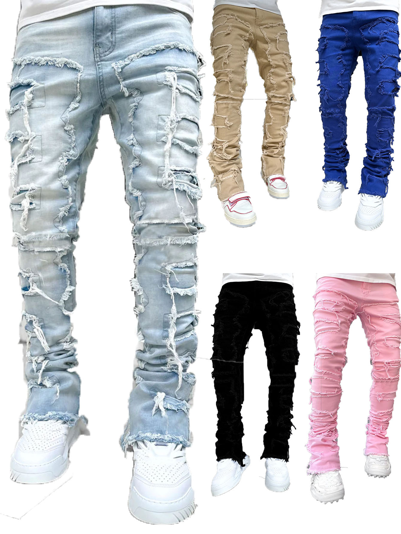 Herren reguläre Passform gestapelte Jeans zerrissen Slim Fit Patch Distressed zerstört gerade Jeans hose Hip Hop Streetwear Hosen stoff