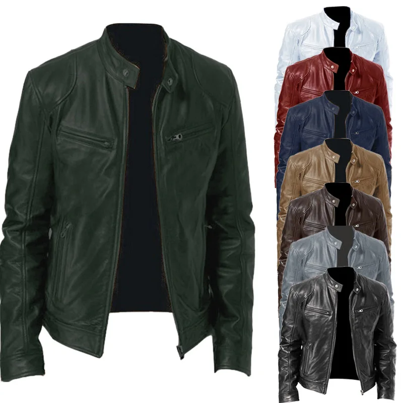 Chaqueta de cuero para hombre Otoño Invierno Caballero de negocios cálido cárdigan con cremallera bolsillo chaqueta de cuero PU cuello alto abrigo delgado